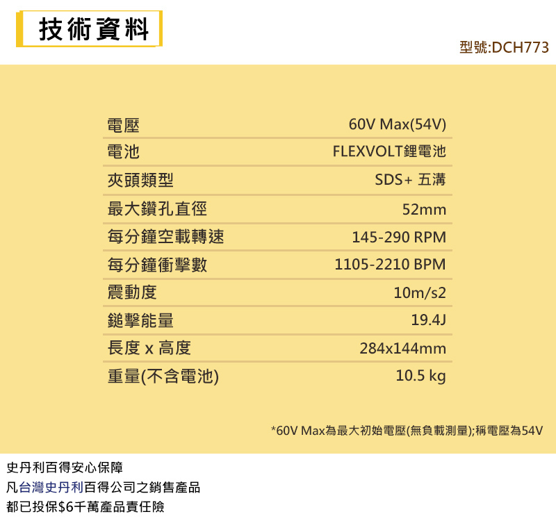 DEWALT 得偉 美國｜60V 無碳刷五溝二用電鎚鑽｜4.0Ah｜DW-DCH773Y2｜充電式｜公司貨