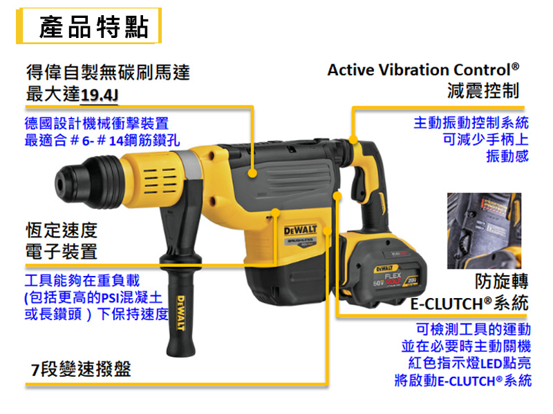 DEWALT 得偉 美國｜60V 無碳刷五溝二用電鎚鑽｜4.0Ah｜DW-DCH773Y2｜充電式｜公司貨