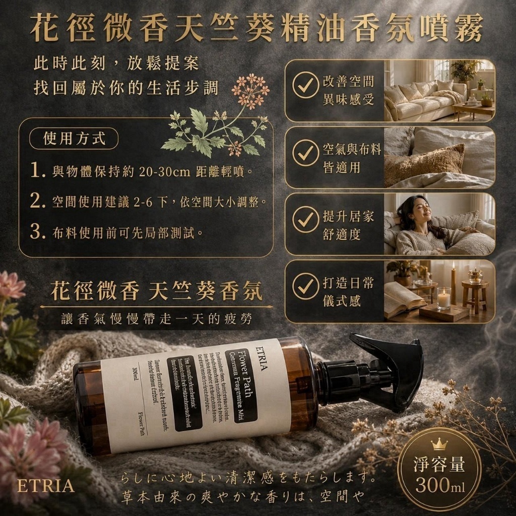 (預購商品) ETRIA 花徑微香 天竺葵精油香氛噴霧 300mL