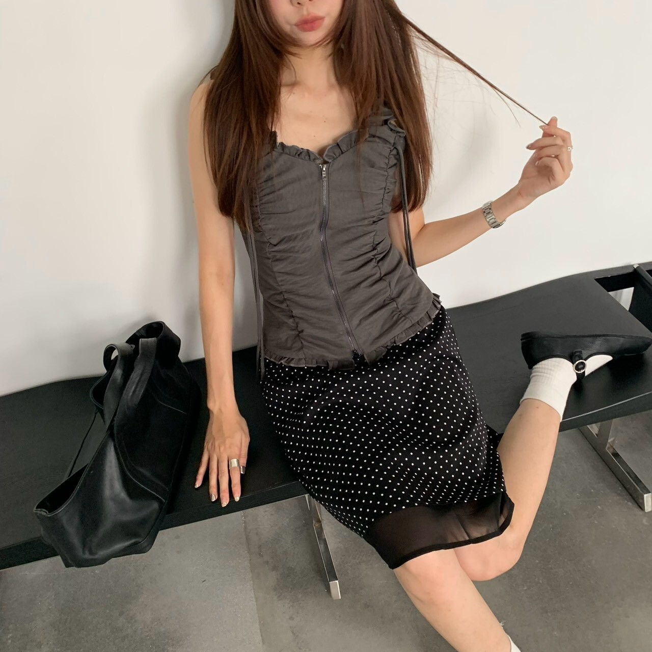 ISA_Ballet Core 設計感抽皺抓褶拉鍊背心_66038