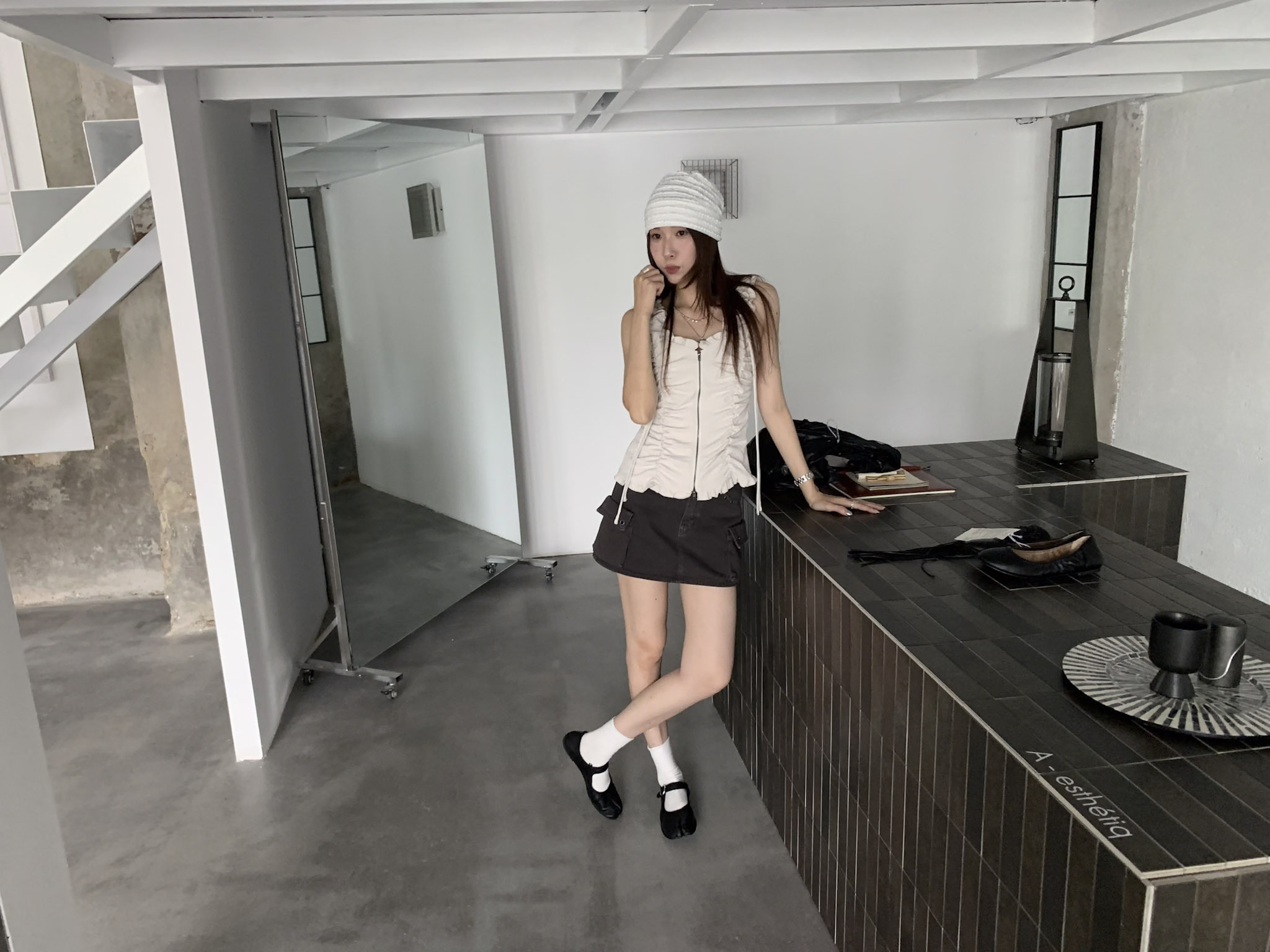 ISA_Ballet Core 設計感抽皺抓褶拉鍊背心_66038