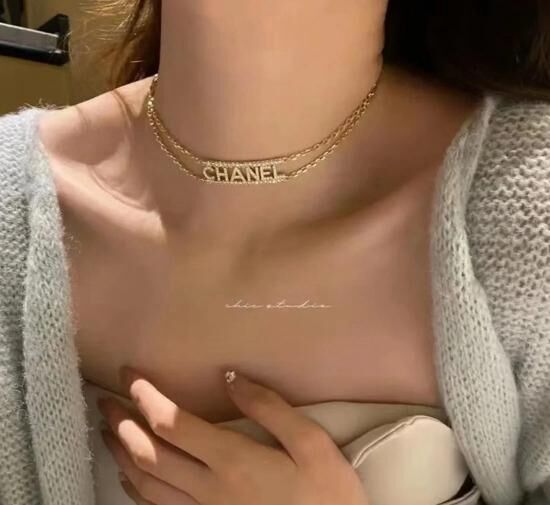 全新CHANEL頸鍊 淡金屬/雙排水鑽LOGO, 香奈兒CHOKER NECKLACE #BRAND NEW #香榭站正品