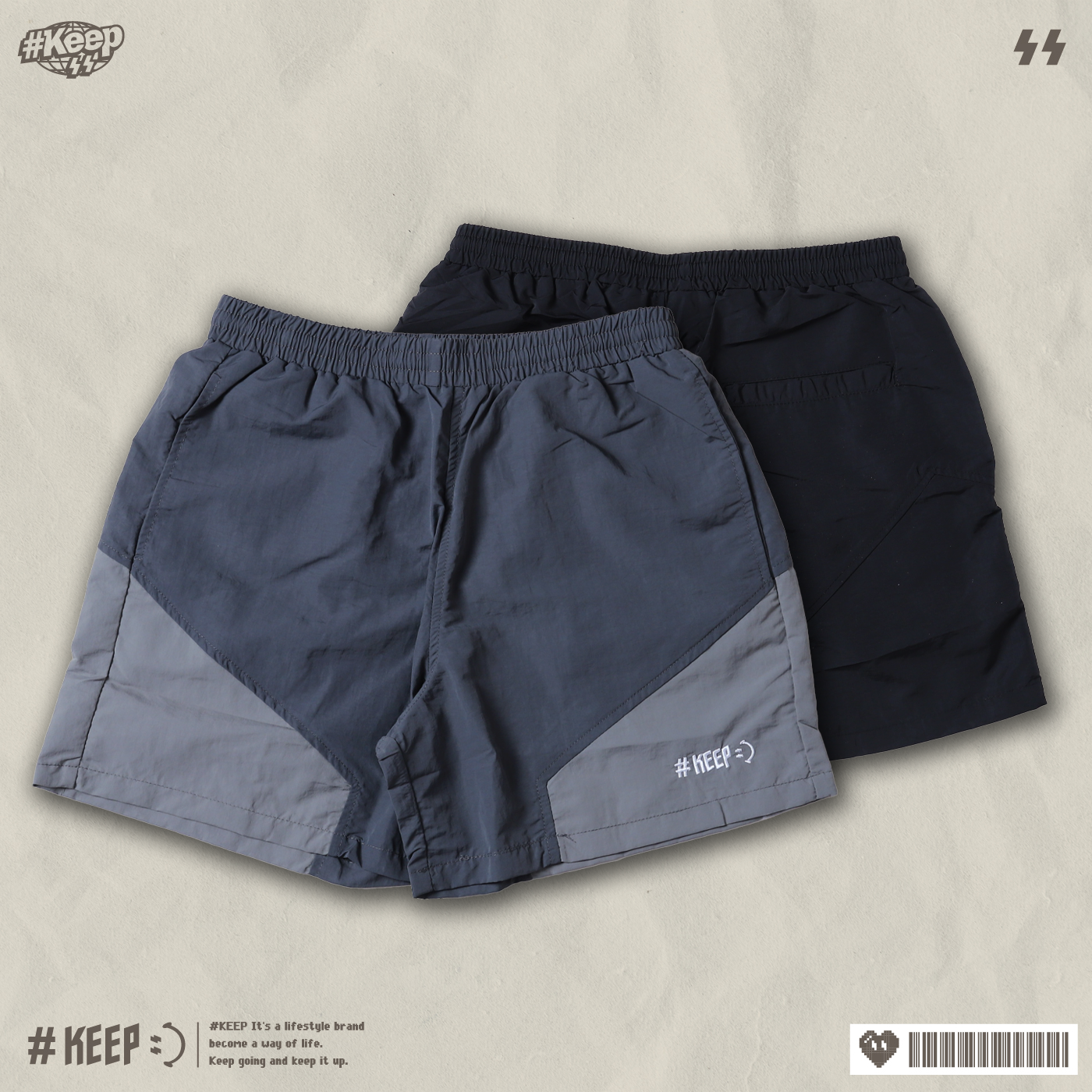 #KEEP GEOMETRIC PANELLED SWIM SHORTS 拼接 海灘 慢跑 短褲 黑色 灰色 抽繩 海灘褲 機能 短褲【KS360】