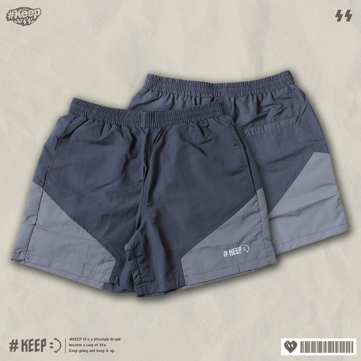 #KEEP GEOMETRIC PANELLED SWIM SHORTS 拼接 海灘 慢跑 短褲 黑色 灰色 抽繩 海灘褲 機能 短褲【KS360】