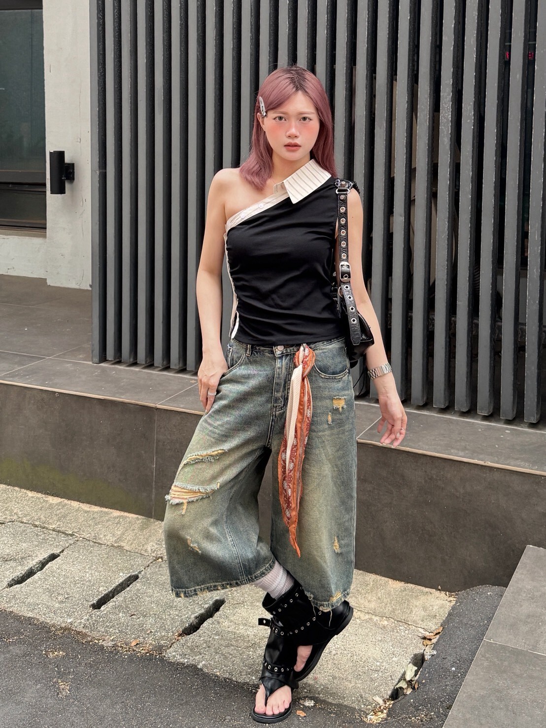 拼貼靈感 附絲巾美式刷破牛仔七分褲
