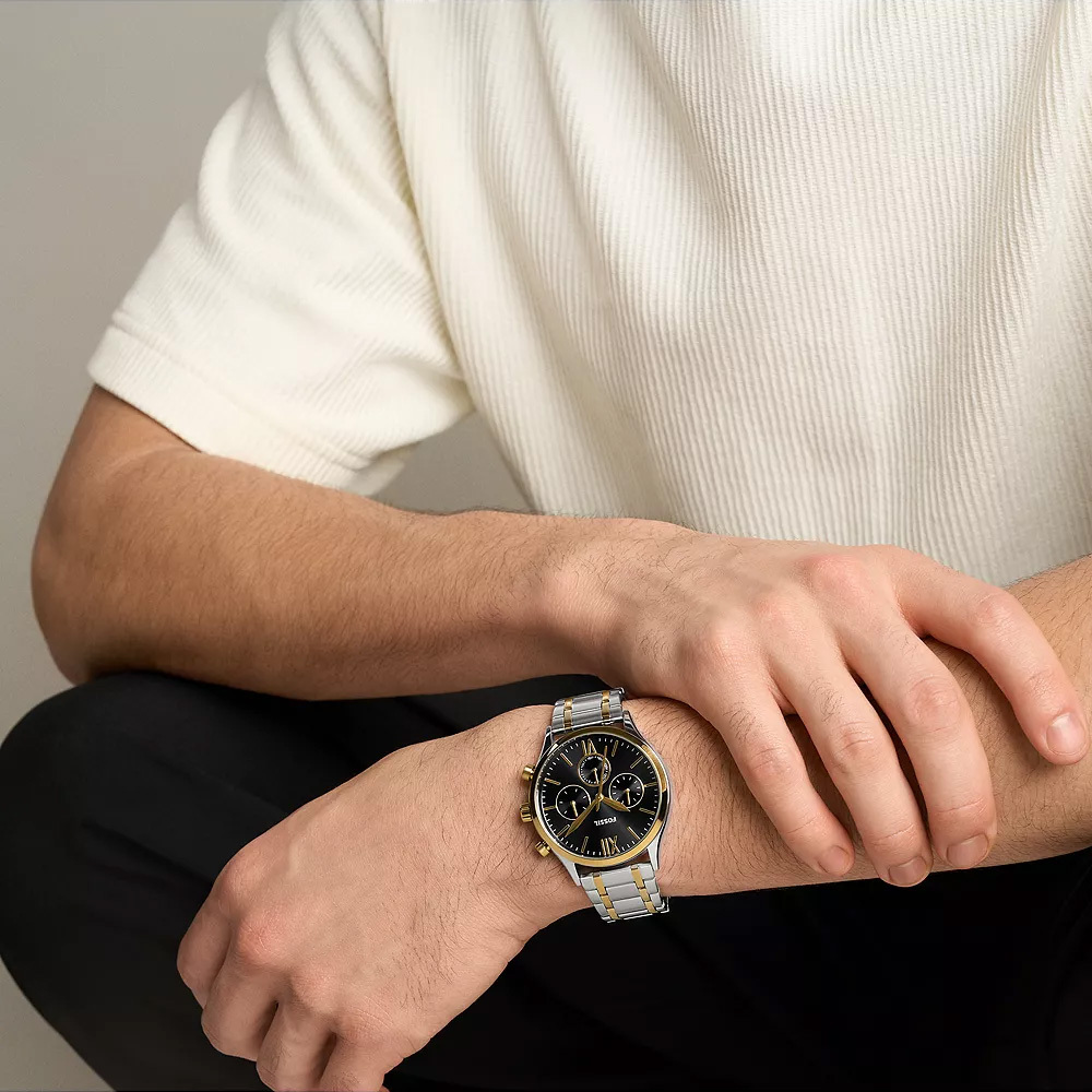 Fenmore 典雅雙色奢華黑盤羅馬三眼計時手錶 不鏽鋼錶帶 44 MM BQM7151