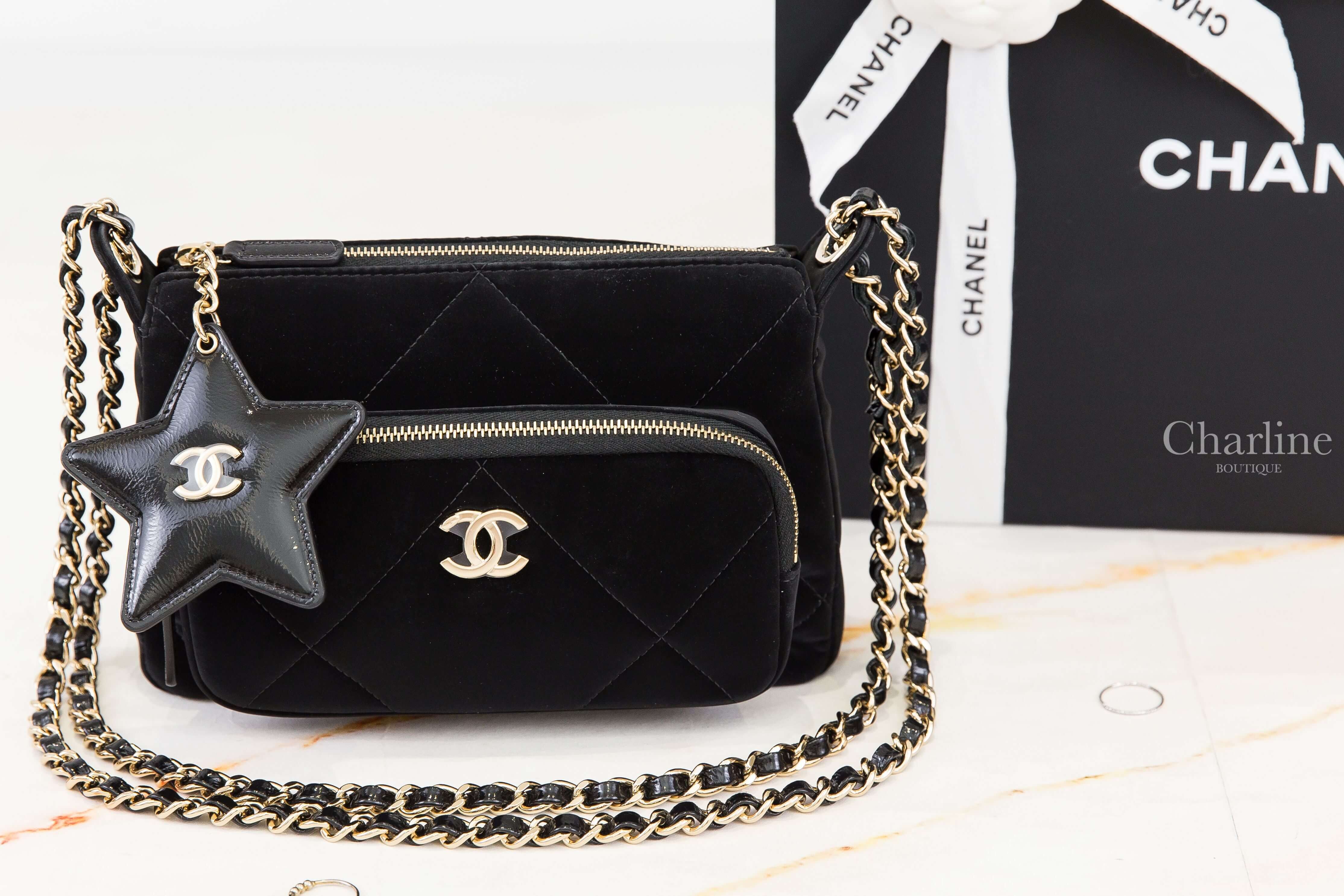 Chanel Clutch With Chain 黑色金CC金鍊星星鏡子掛飾絲絨大菱格紋肩背包-Charline Boutique 精品代購