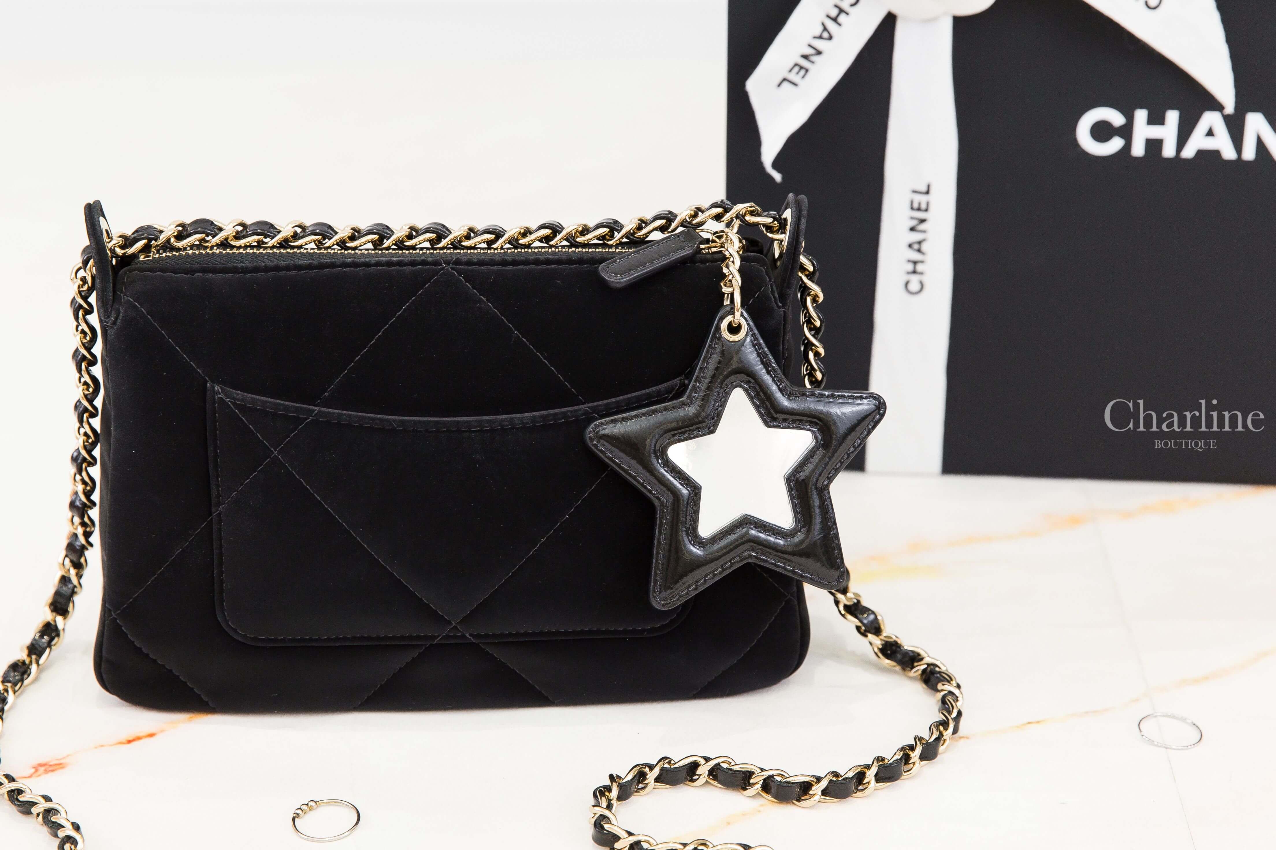 Chanel Clutch With Chain 黑色金CC金鍊星星鏡子掛飾絲絨大菱格紋肩背包-Charline Boutique 精品代購