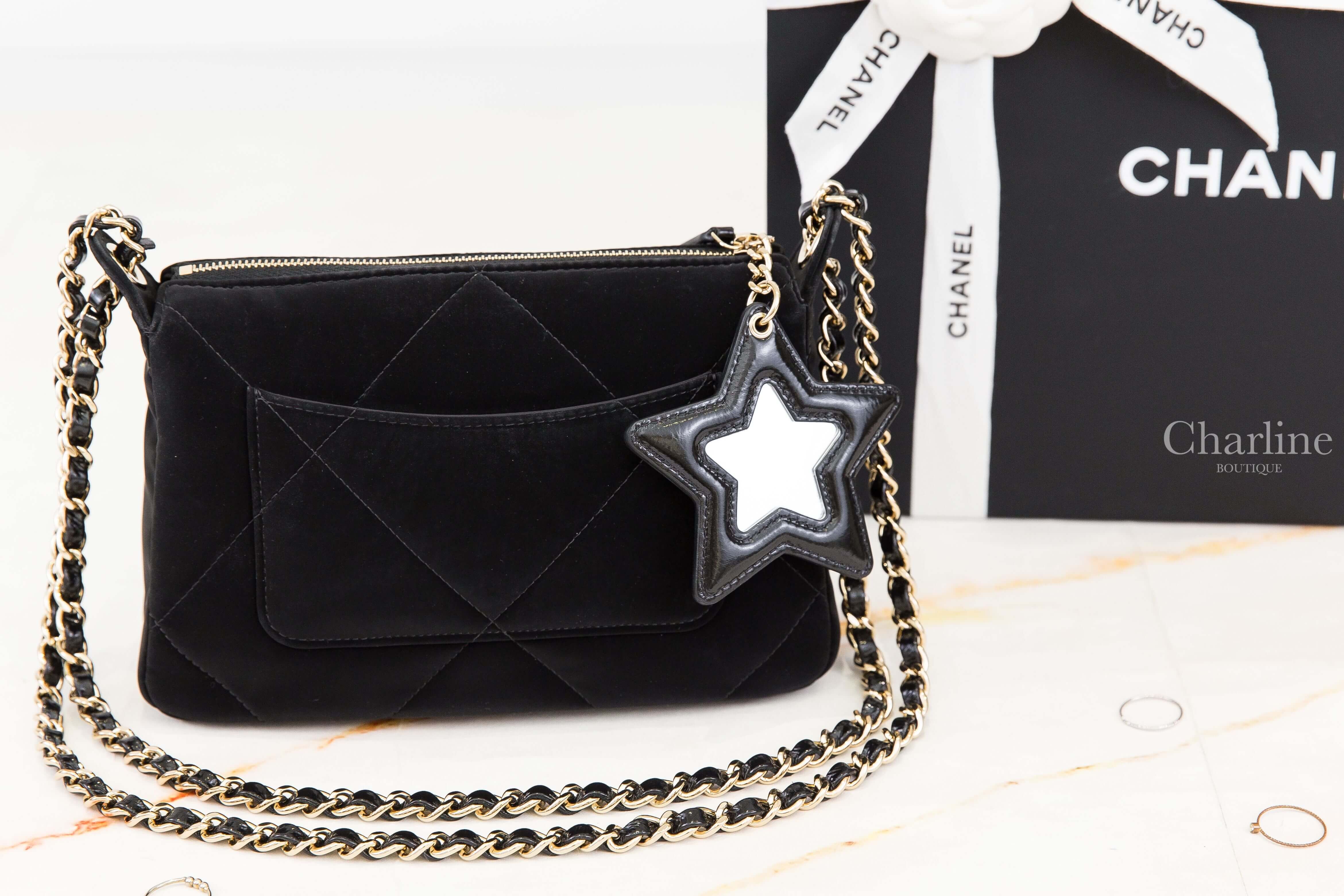 Chanel Clutch With Chain 黑色金CC金鍊星星鏡子掛飾絲絨大菱格紋肩背包-Charline Boutique 精品代購