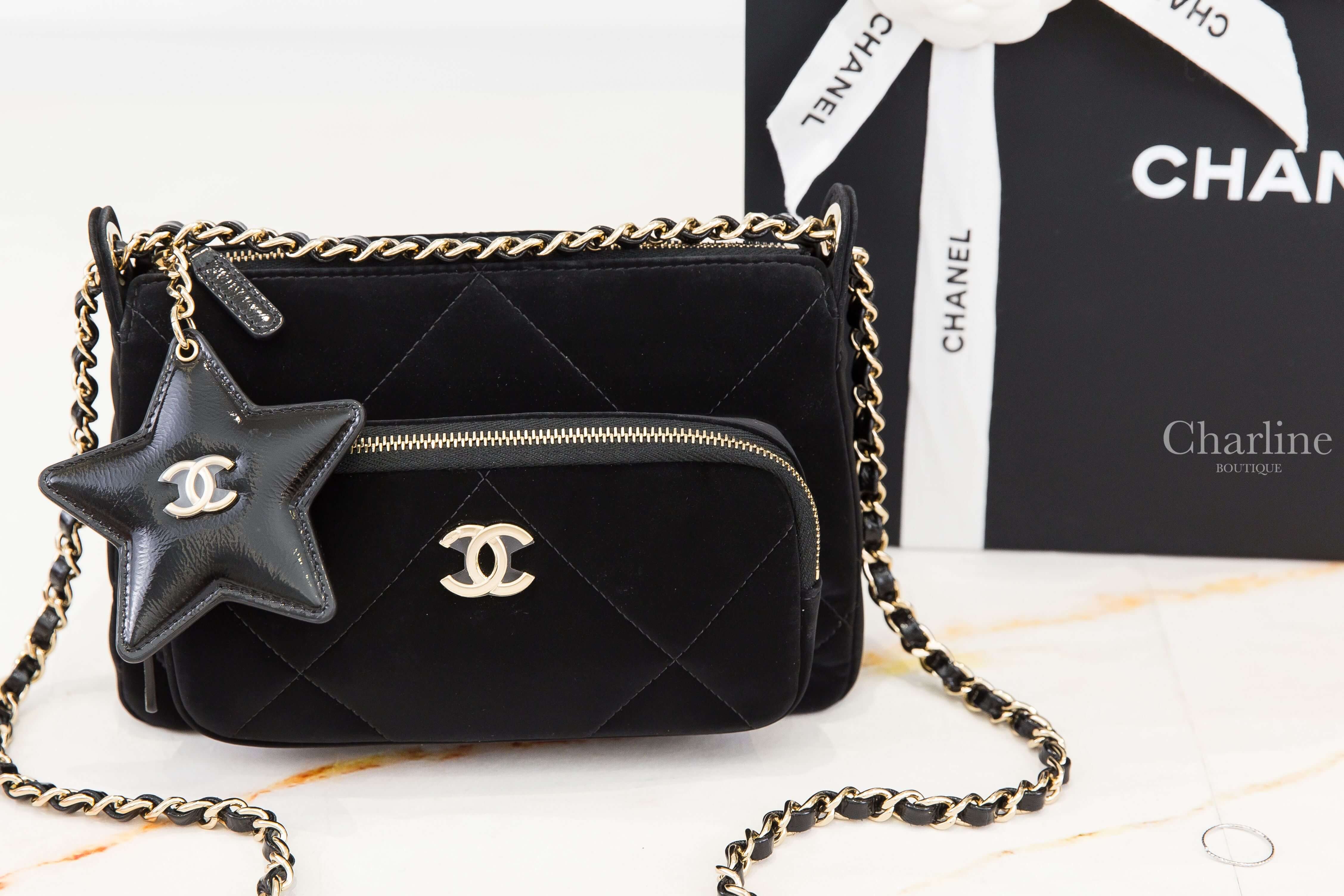 Chanel Clutch With Chain 黑色金CC金鍊星星鏡子掛飾絲絨大菱格紋肩背包
