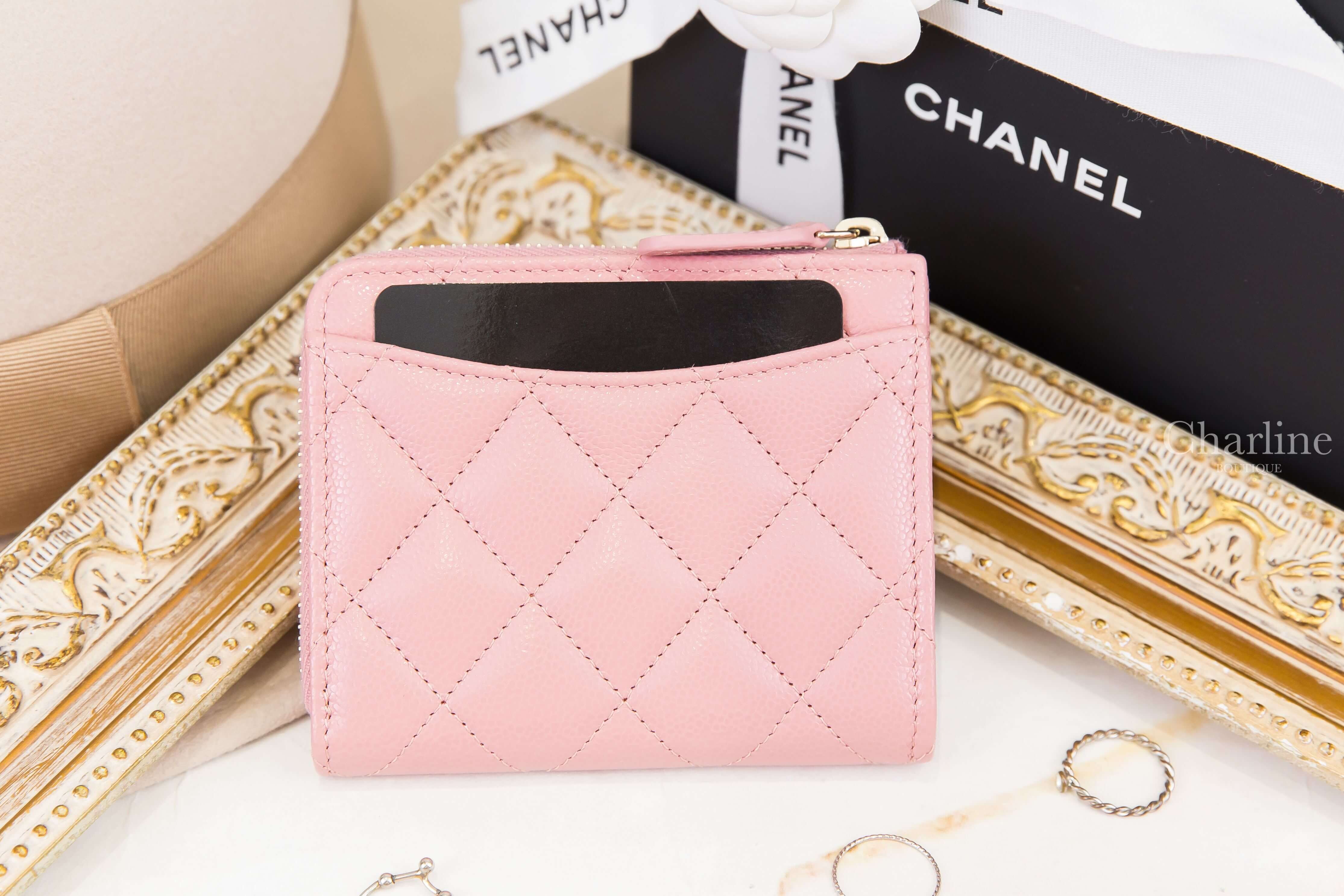 Chanel Coin Purse 粉色金CC荔枝菱格紋拉鍊方形零錢包-Charline Boutique 精品代購