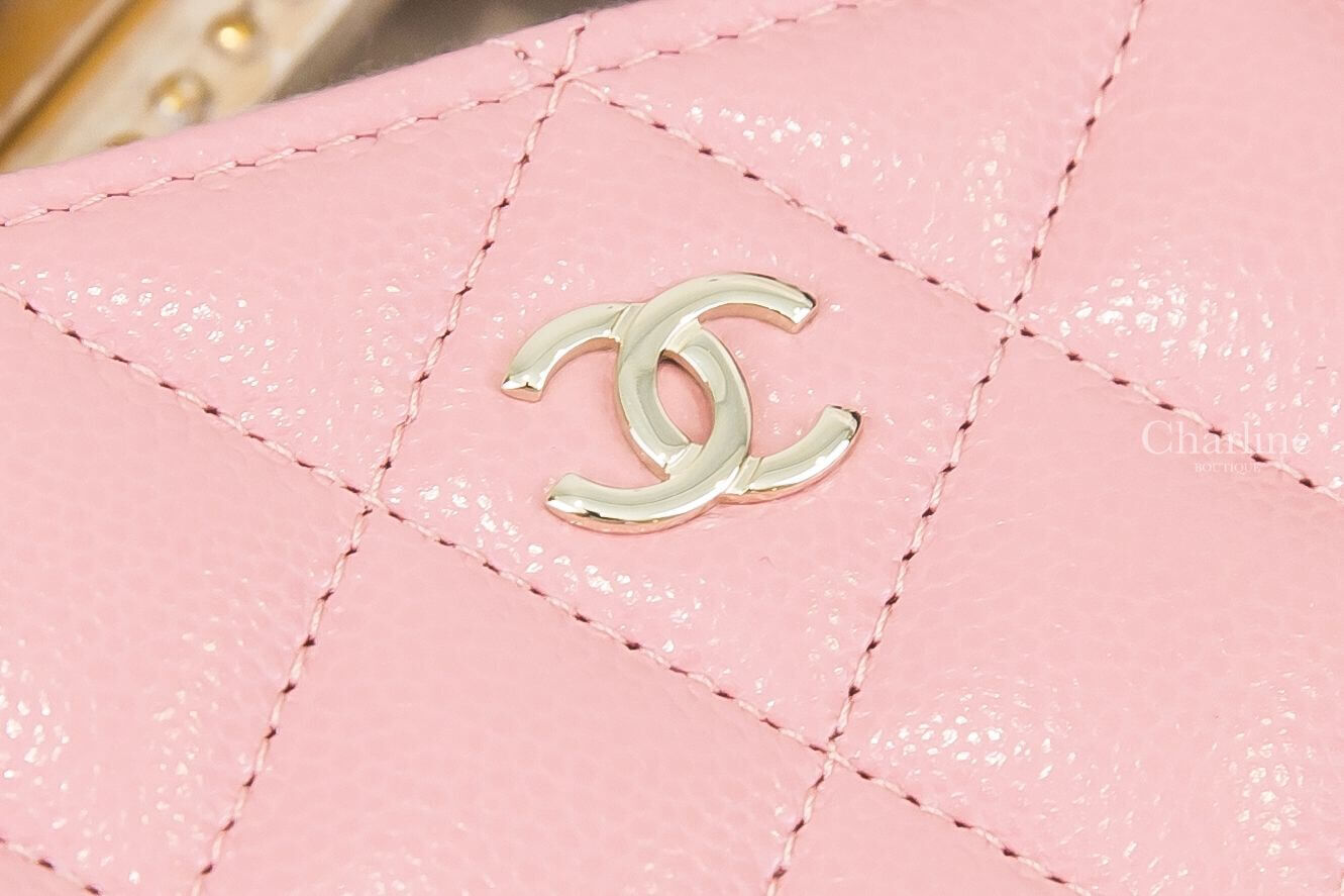Chanel Coin Purse 粉色金CC荔枝菱格紋拉鍊方形零錢包
