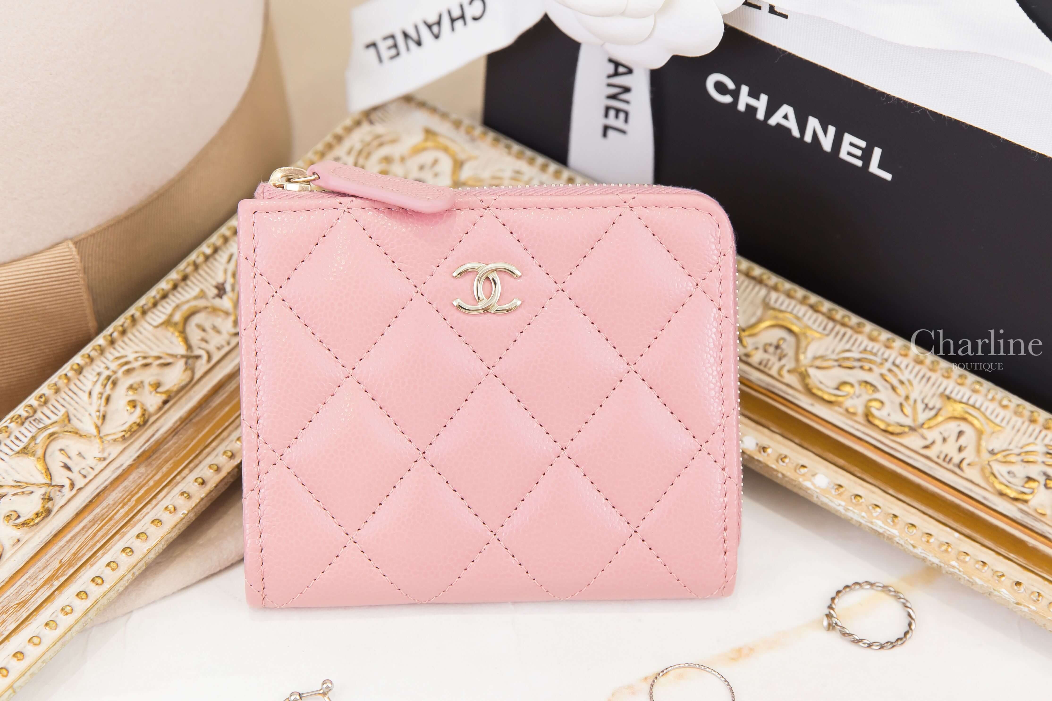 Chanel Coin Purse 粉色金CC荔枝菱格紋拉鍊方形零錢包