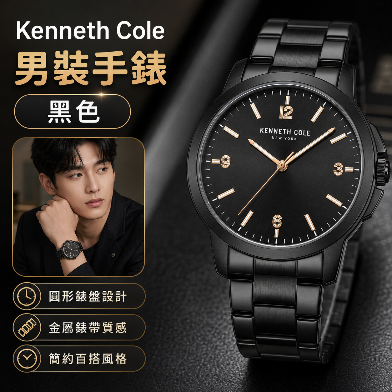 【預購】Kenneth Cole H073168 男裝經典石英手錶 (黑色)