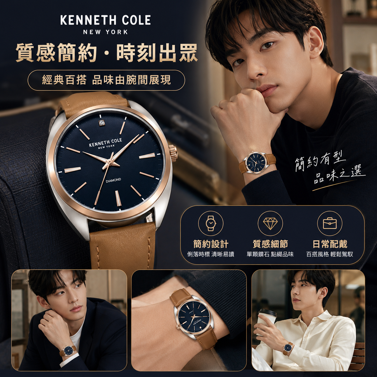 【預購】Kenneth Cole H073170 男裝鑽石石英手錶 (皮革錶帶)
