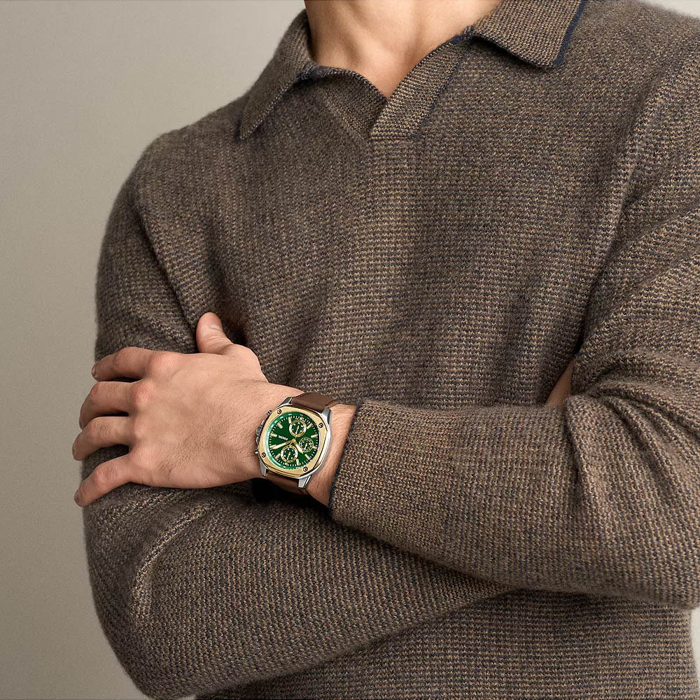 Gage 經典八角金圈英倫綠面三眼真皮腕錶 咖啡色真皮錶帶 47 MM BQM7144