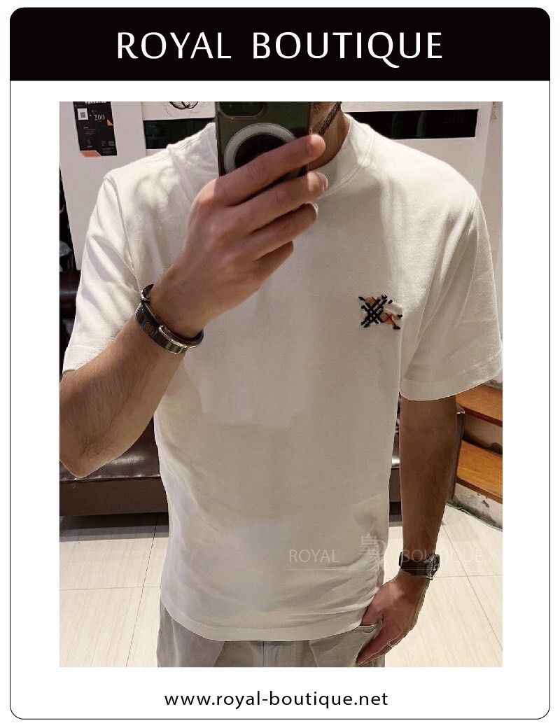 BURBERRY 左胸刺繡經典格紋戰馬素面短T