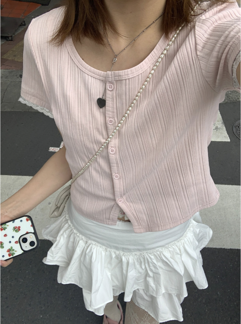 JP1268｜休閒少女暗直紋蕾絲手袖位袖上衣‎ . ݁⋆ ۶ৎ ݁˖ . ݁