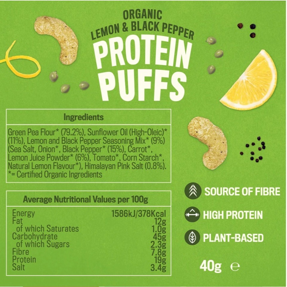 Pro Fusion organic lemon & pepper protein puffs 40g (best before 16 Jan 2027)