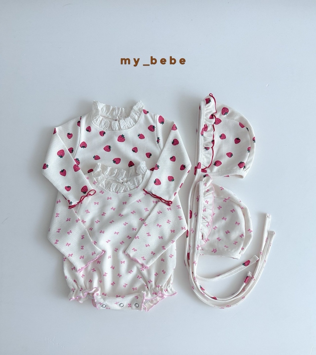 正韓秋MYBEBE 嫩嬰草莓蝴蝶結包屁衣