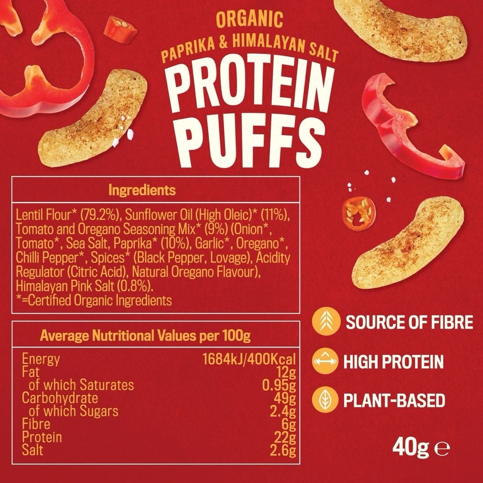 Pro fusion organic paprika protein puffs 40g (best before 19 Jan 2027)