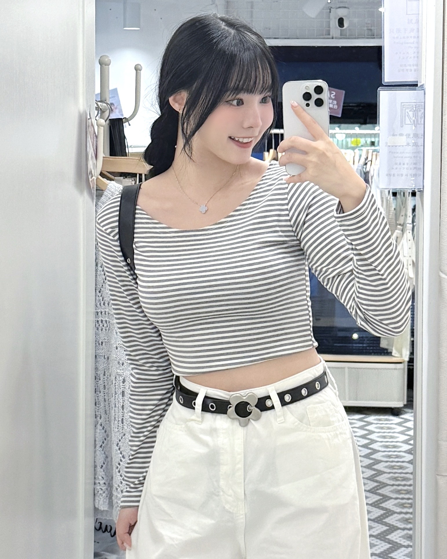 T1615｜簡約幼間紋大圓領貼身長袖上衣⋆ 𖤓 ⋆˚࿔