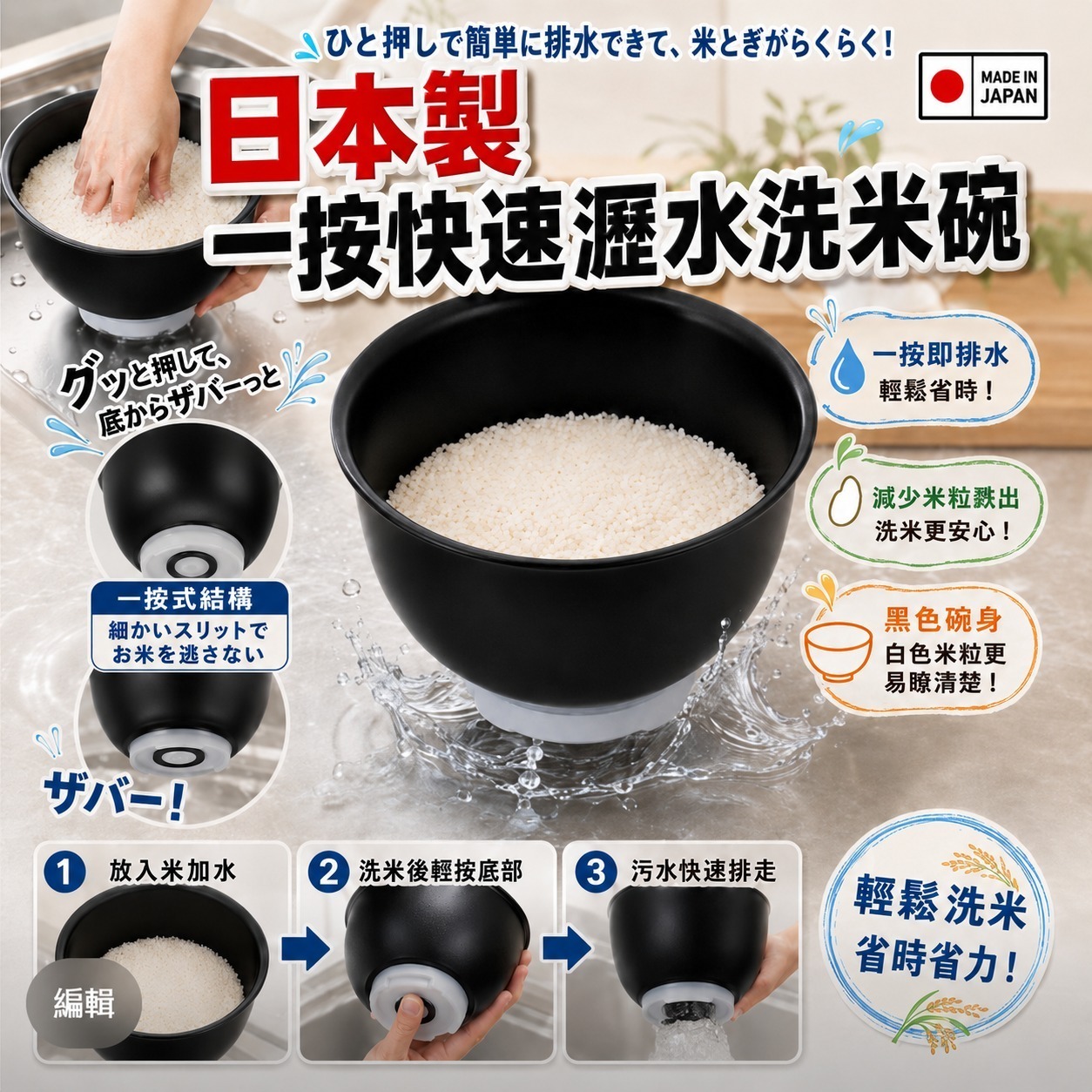 S22409日本製 一按快速瀝水洗米碗
