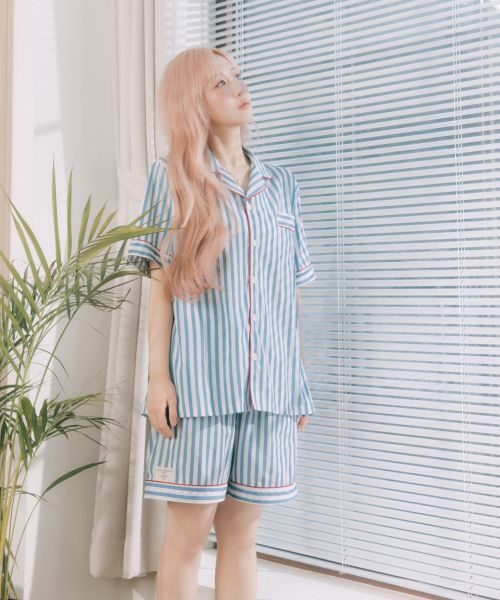 #預購 🇰🇷韓國 DOSSY SILK FIT TOVE 吳海嫄同款 白藍條紋 短袖情侶睡衣套裝 D11
