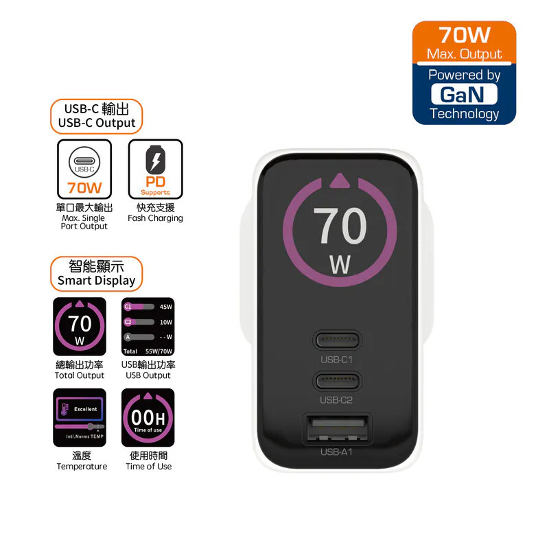 First Champion 3 Port 70W Smart Display USB Charger UWCT370PD2C