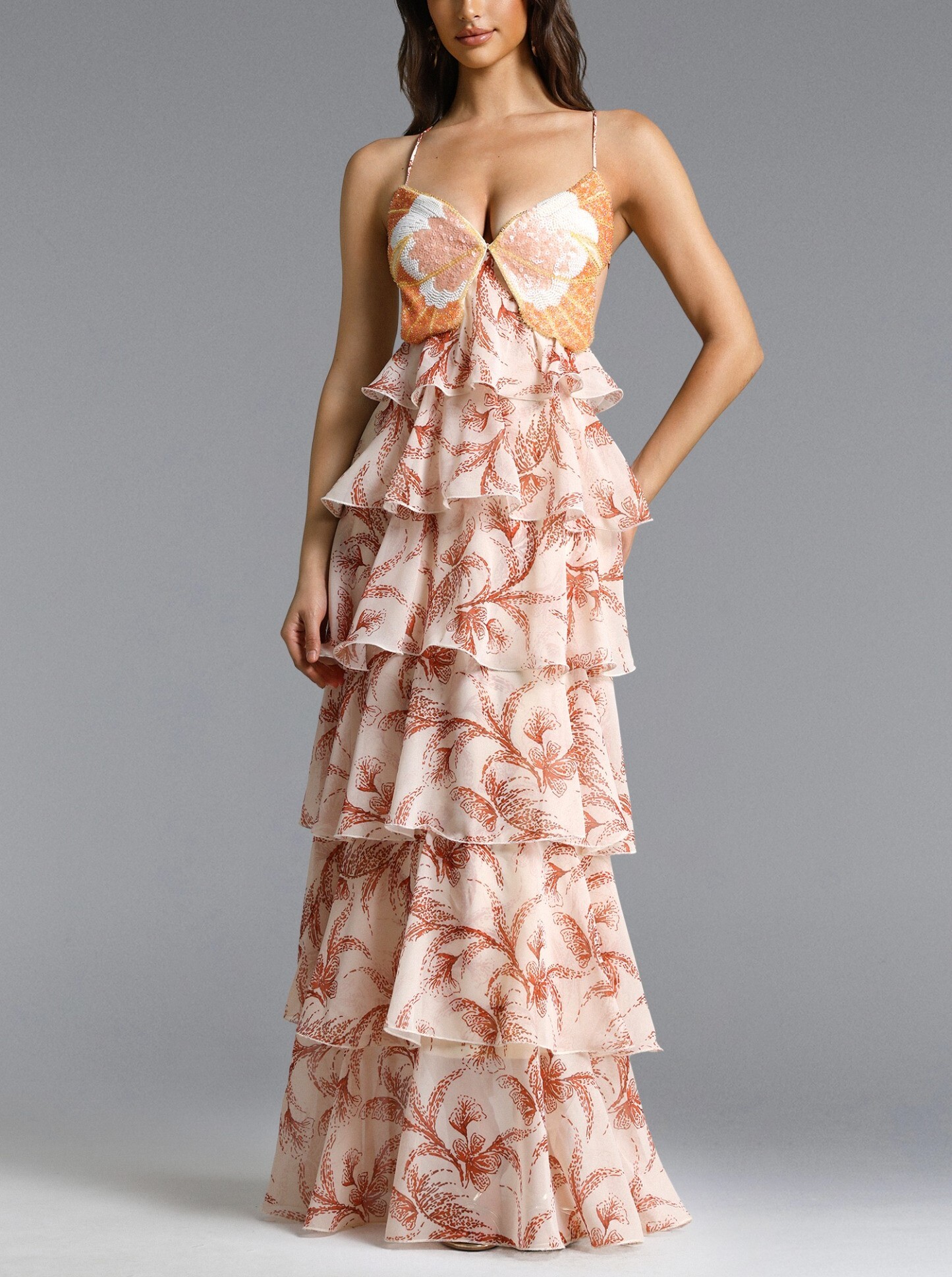 Lux Garden粉橘蜜桃色印花手工縫珠亮片Maxi Dress