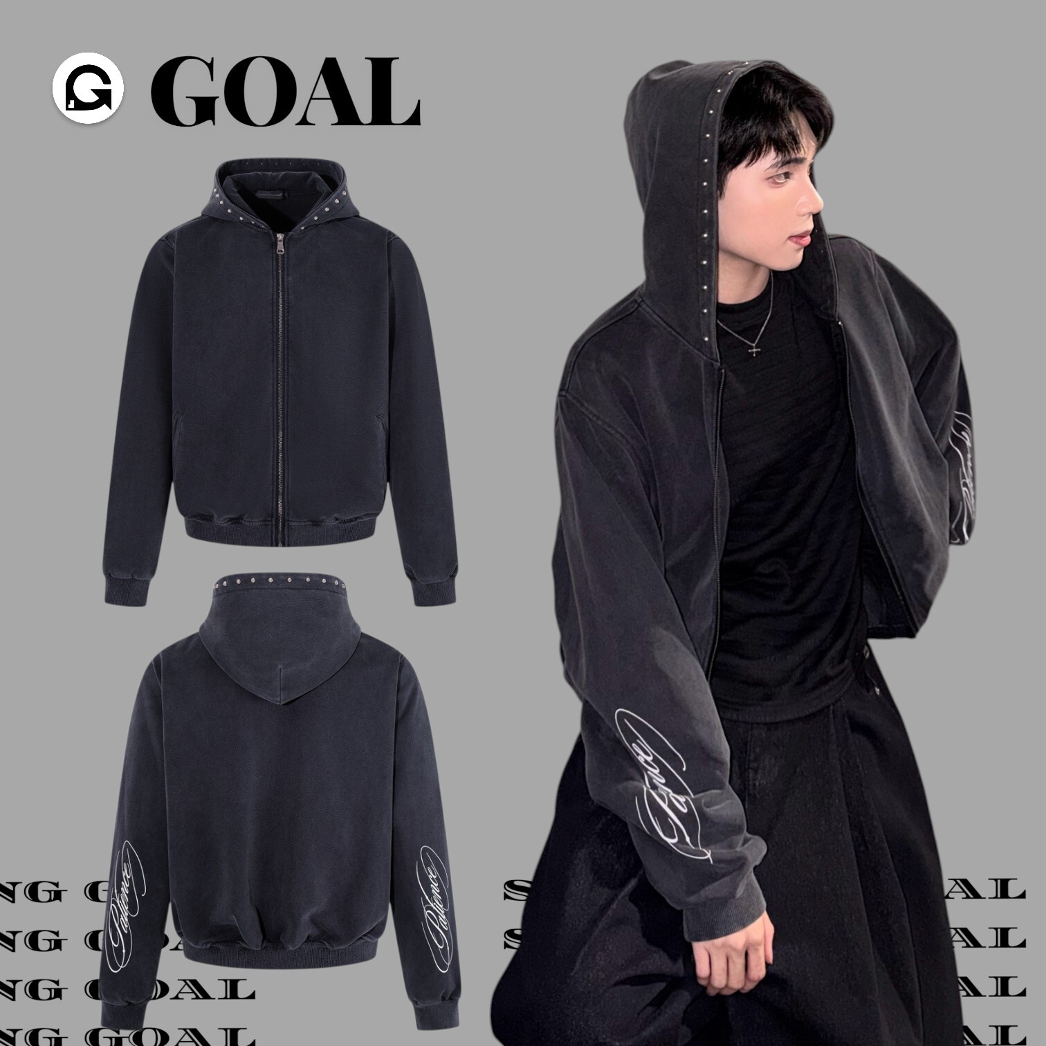 (GOAL) 重工水洗鉚釘刺繡連帽外套 aw 26155