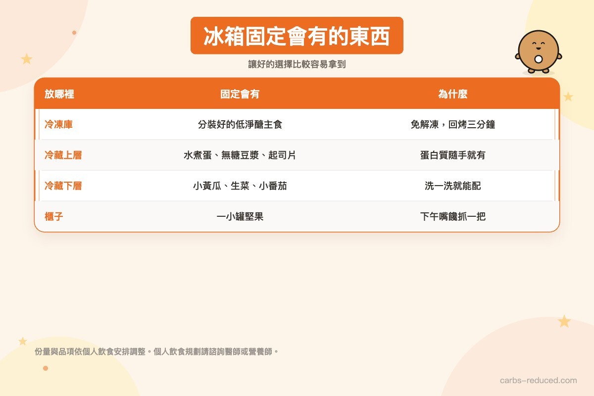 冰箱常備清單表格,分別列出冷凍庫、冷藏上層、冷藏下層與櫃子固定會放的食材