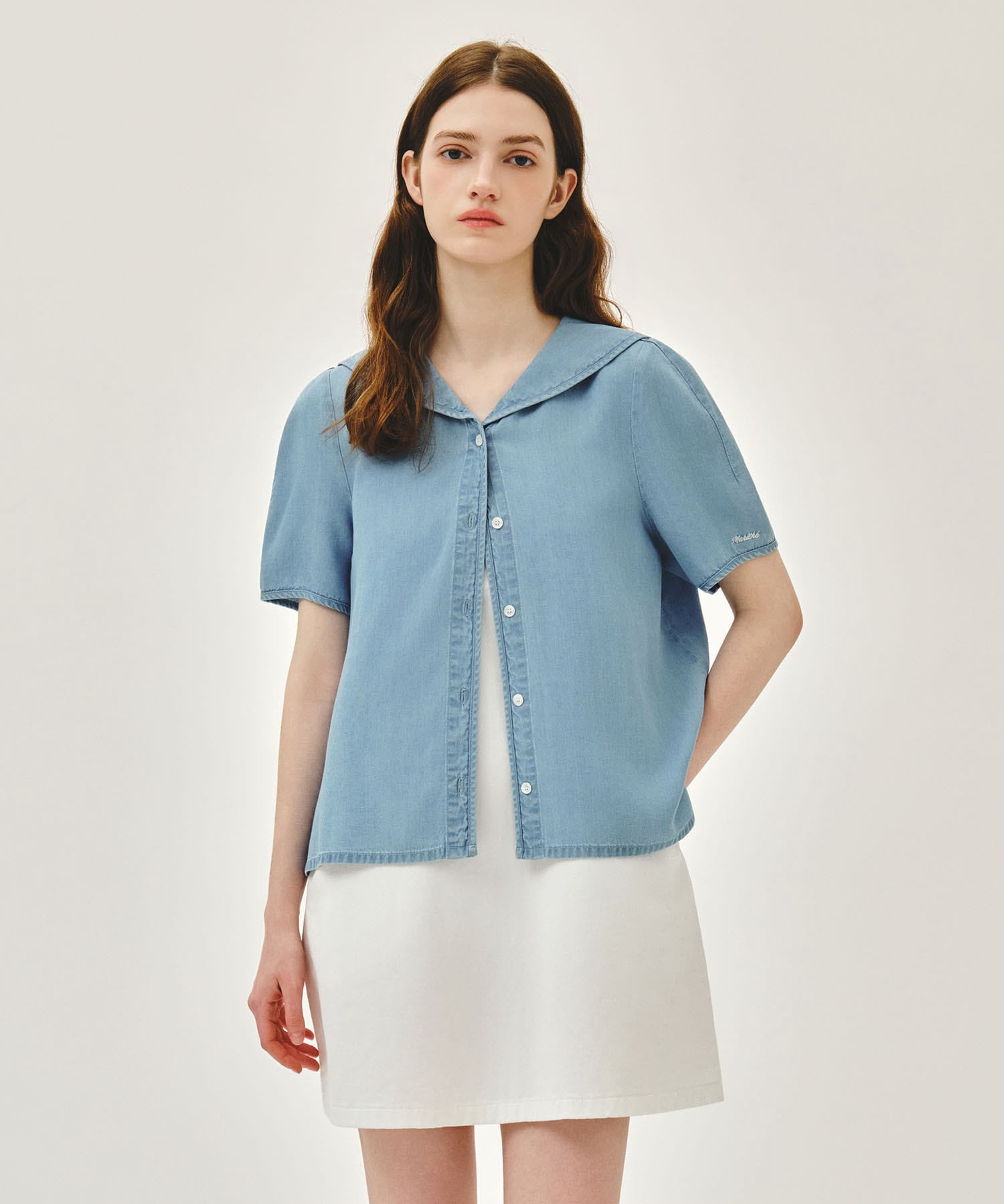 MARITHE FRANCOIS GIRBAUD Sailor Collar Short Sleeve Chambray Shirt