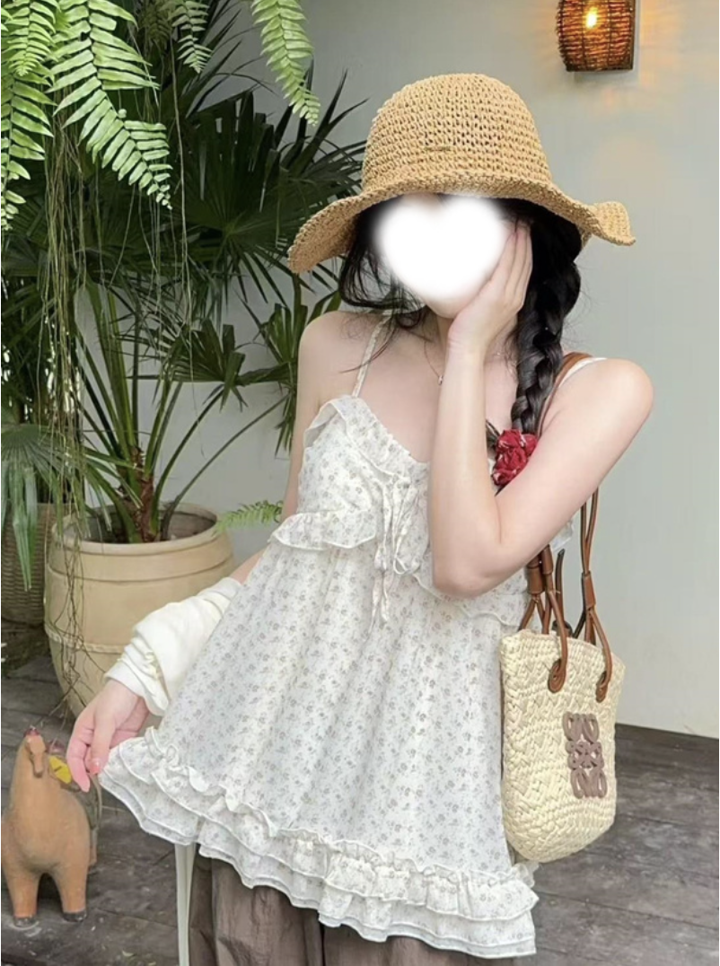 JP1271｜夏日碎花𓏲๋࣭࣪˖🎐°｡🍊𓏲 荷葉花邊綁帶ruffle吊帶外搭OPS