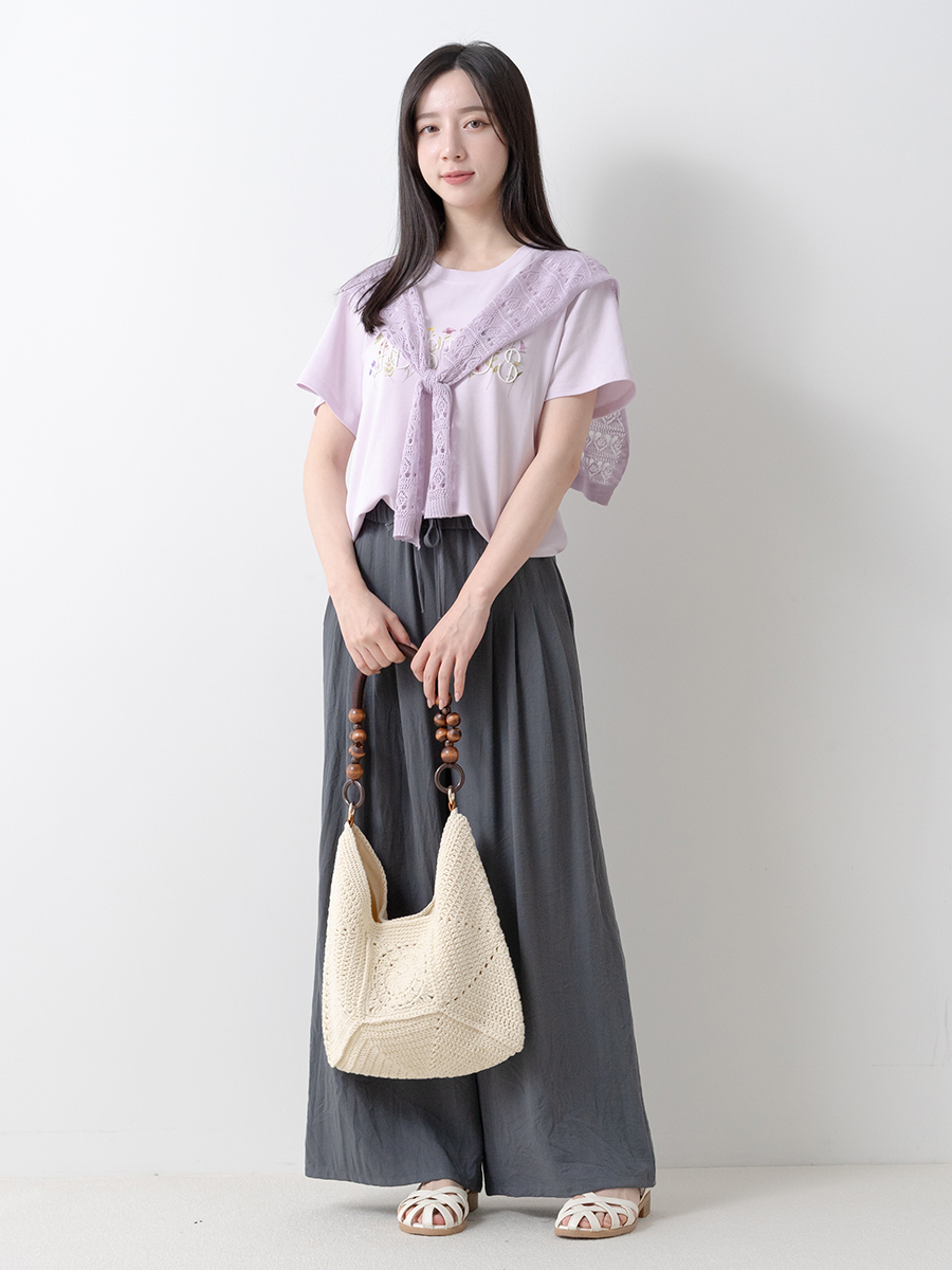 立體刺繡棉感上衣仿棉麻打褶直筒寬褲組合