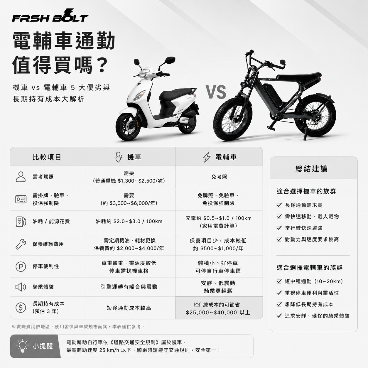 FRSH BOLT 通勤交通工具比較圖文，將機車與 RANGER 電輔車進行對比，解析兩者在駕照、稅金、花費與長期持有成本上的優劣勢。