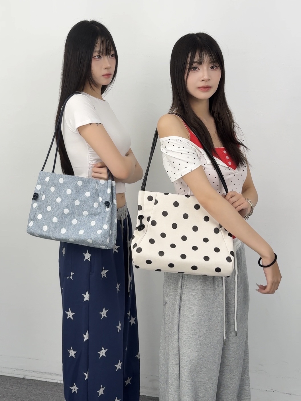 K03現貨氣質牛仔布波點肩背包
