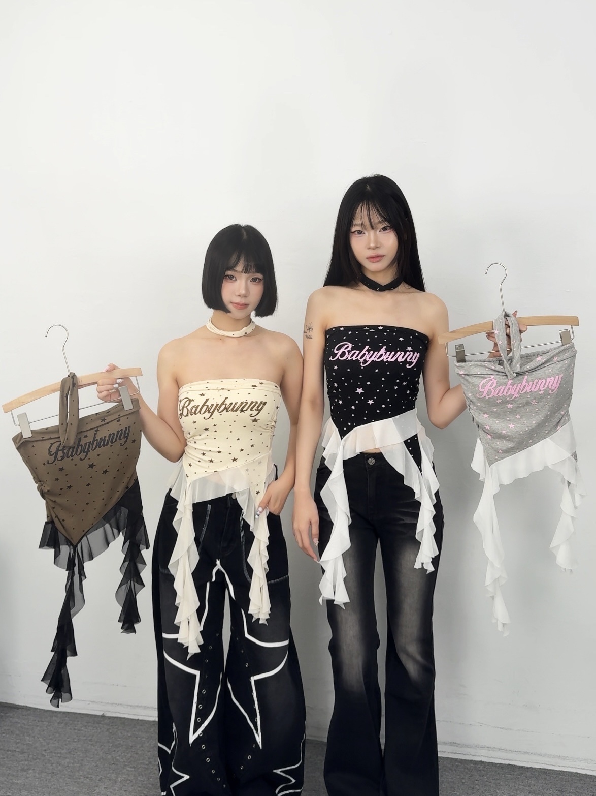 K06不規則撞色星星蕾絲飄帶上衣