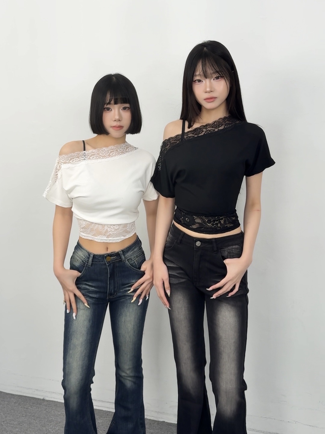 K14韓系蕾絲抓腰一字肩上衣