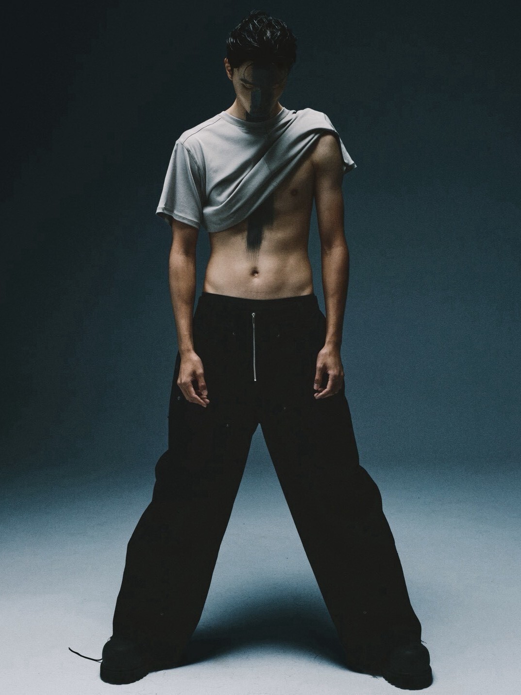RE VER'S 水洗黑單寧 立體剪裁鎗黑五金褲 Wide Patched Trousers