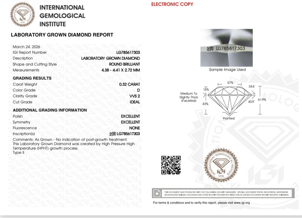 0.32 D VVS2 IDEAL 2EX NON IGI LAB GROWN DIAMOND