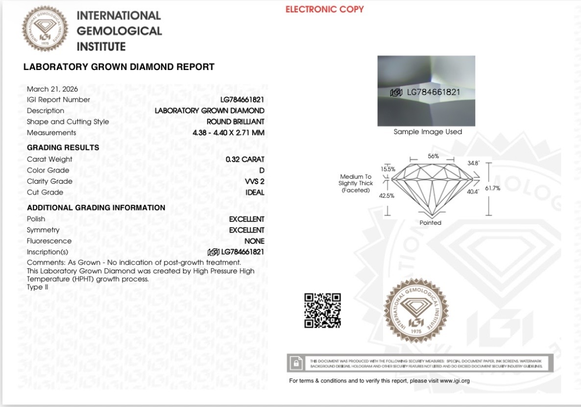 0.32 D VVS2 IDEAL 2EX NON IGI LAB GROWN DIAMOND