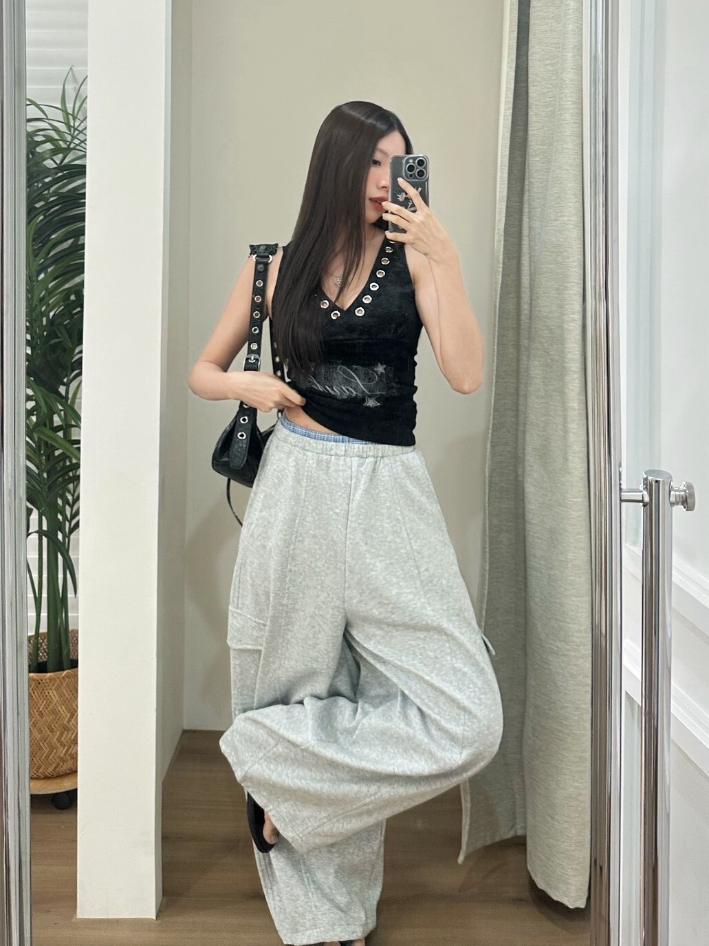 /𝙘𝙝𝙞𝙝 𝙢𝙖𝙙𝙚/ 低調雙腰頭 格紋拼接大口袋寬棉褲