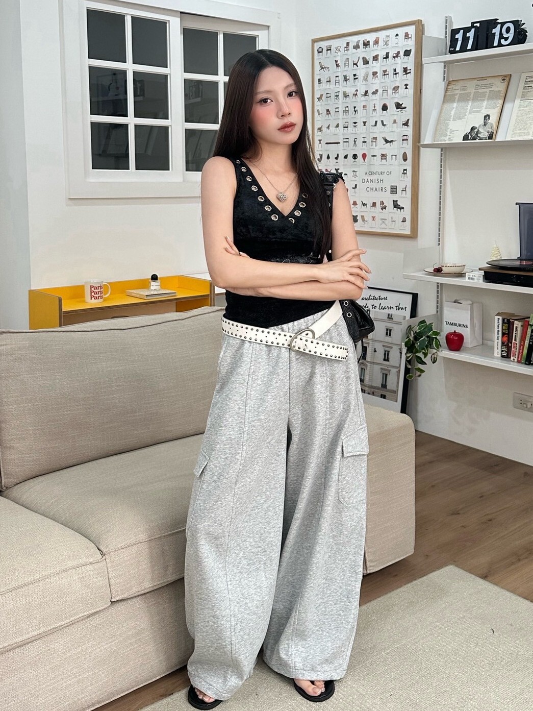 /𝙘𝙝𝙞𝙝 𝙢𝙖𝙙𝙚/ 低調雙腰頭 格紋拼接大口袋寬棉褲