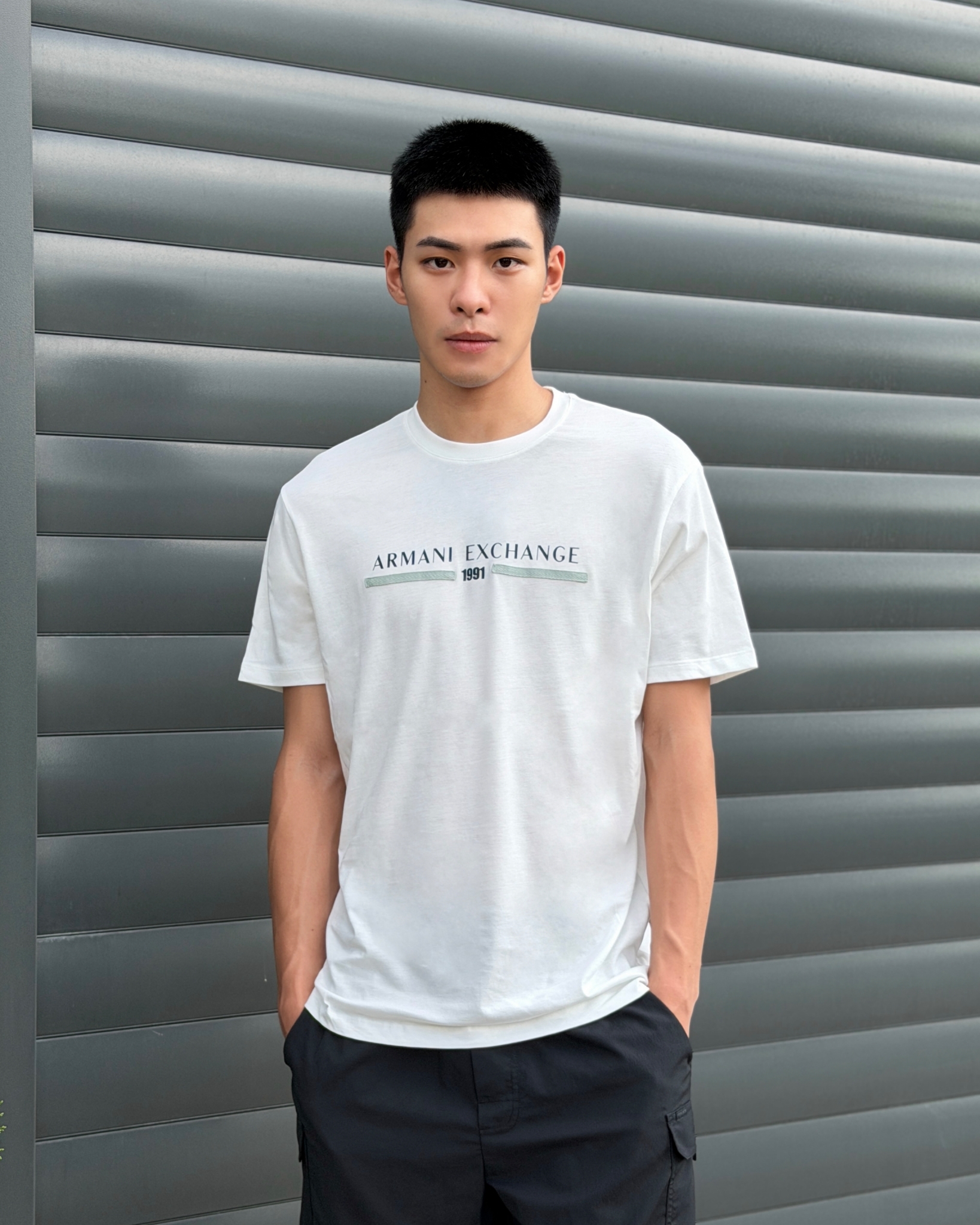 Armani Exchange AX 橫條織布字母 短袖上衣 短T