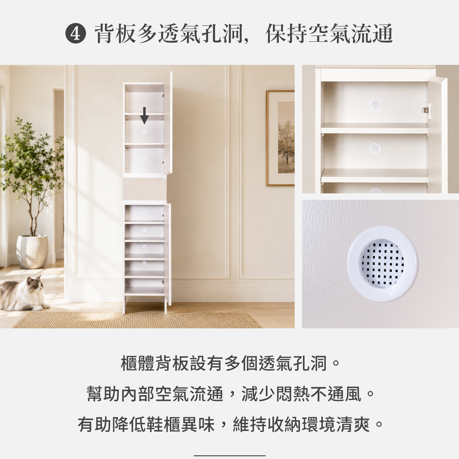 城市家居 FB-AWX589-CB 單門高鞋櫃背板透氣孔展示，幫助櫃內空氣流通