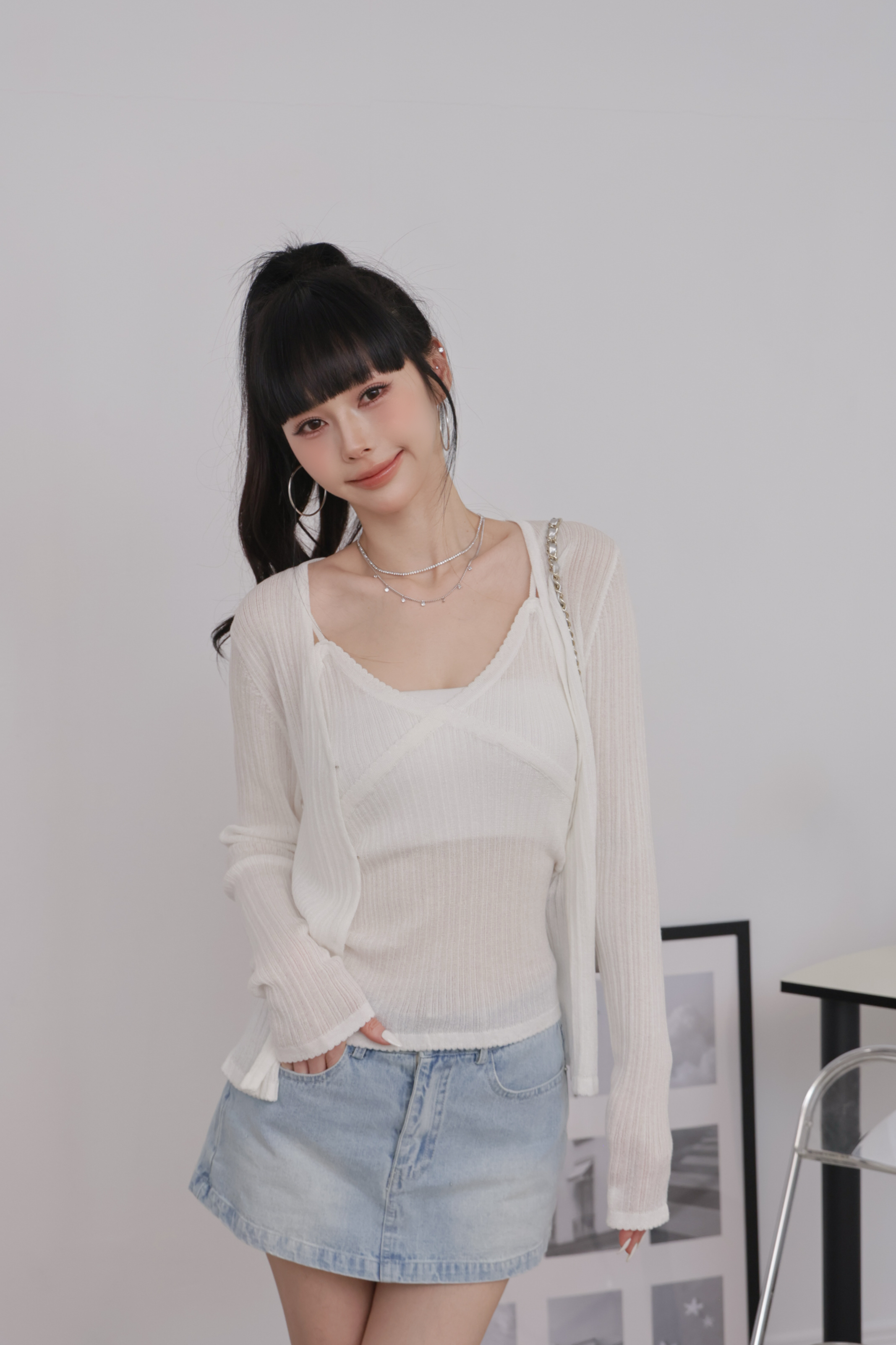 亮晶晶坑條V領細肩背心外套SET組 R16