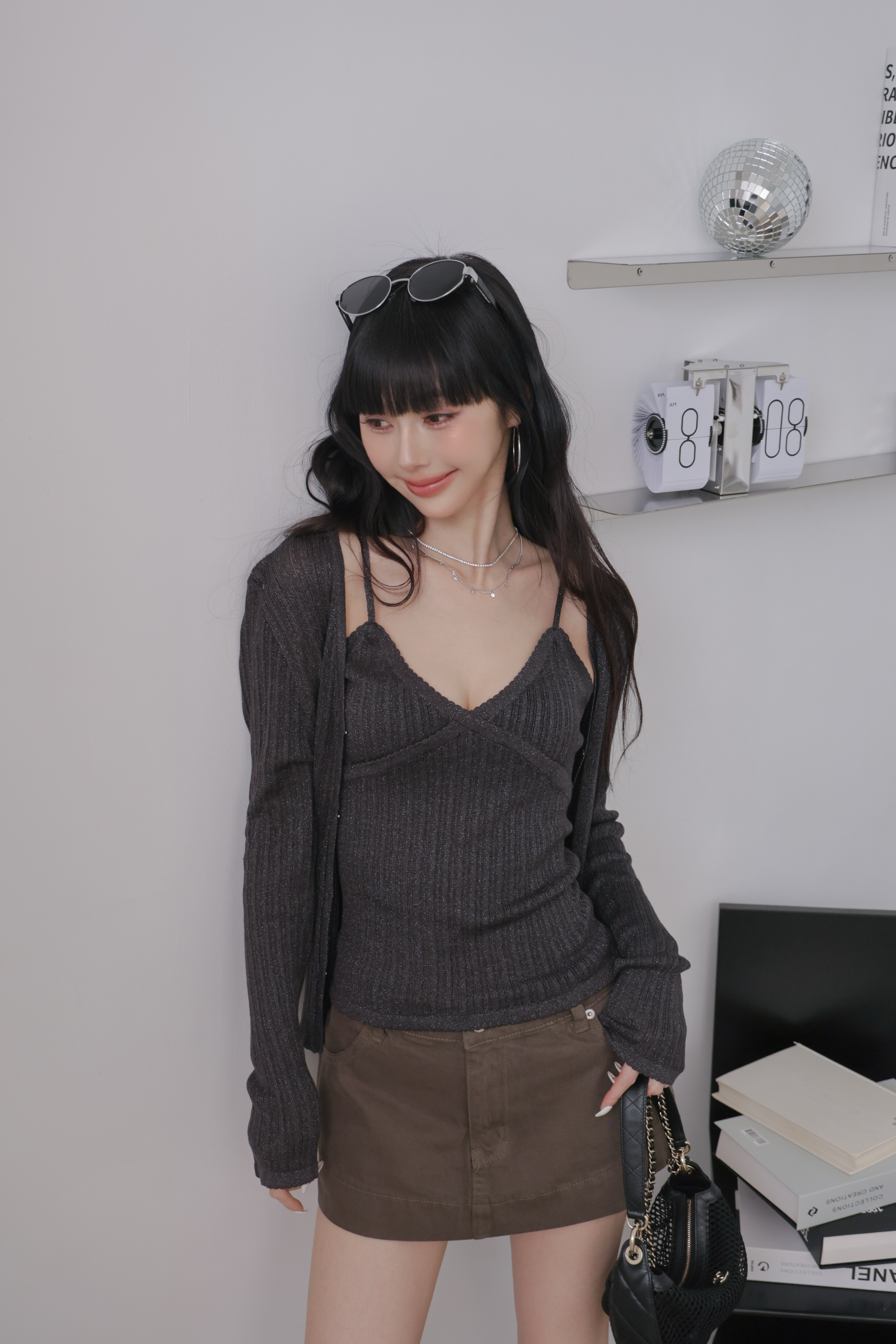 亮晶晶坑條V領細肩背心外套SET組 R16
