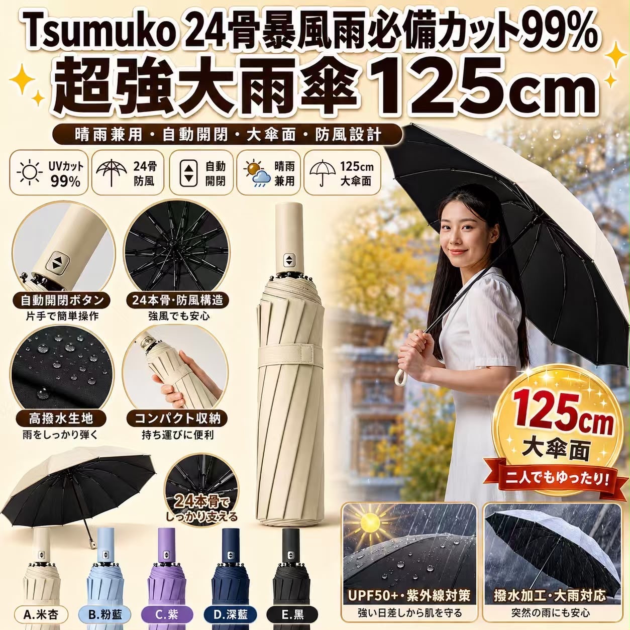 日本Tsumuko24骨暴風雨必備カット99%超強大雨傘125cm