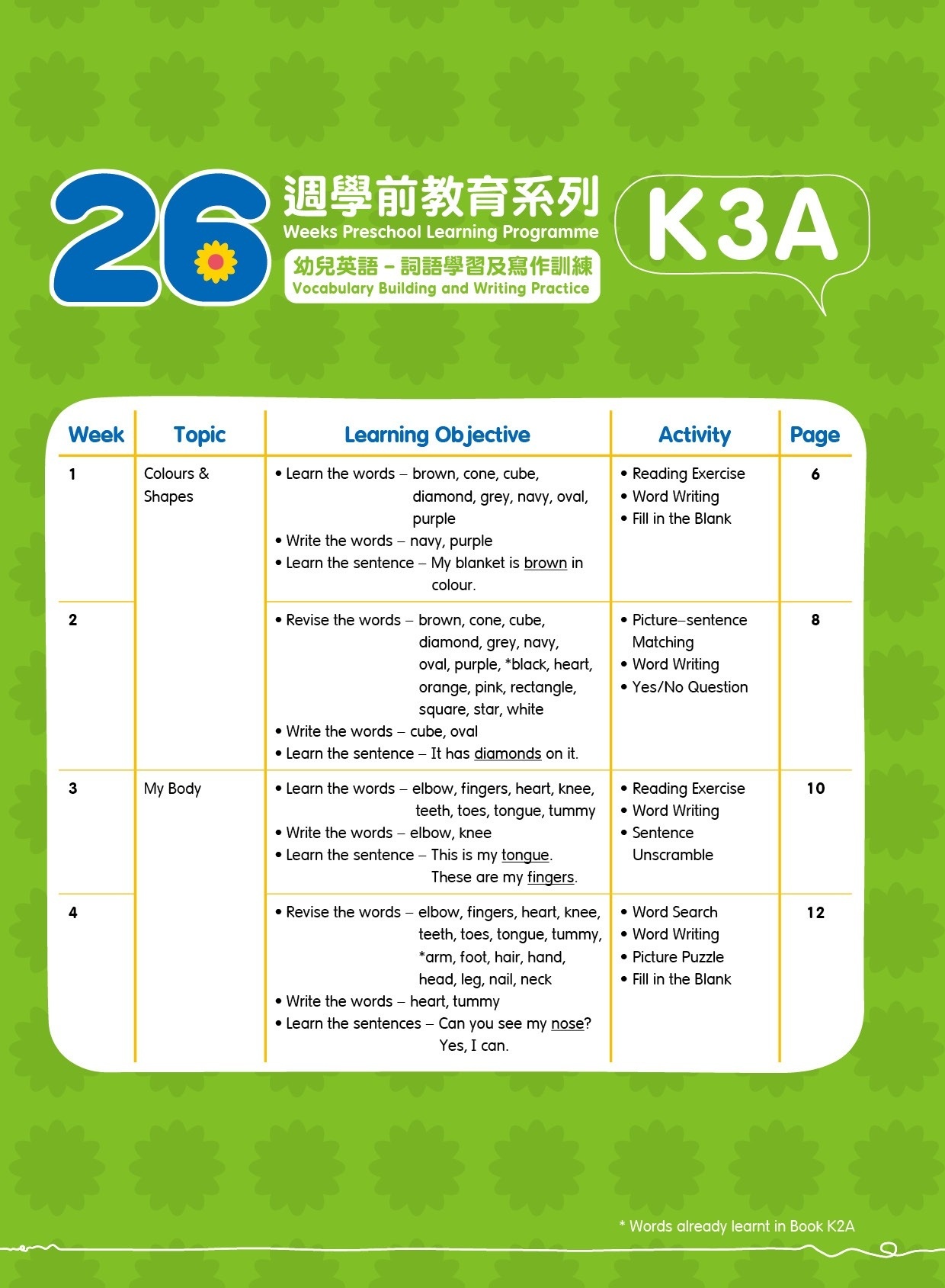 【多買多折】26週學前教育系列：幼兒英語 - 詞語學習及寫作訓練 K3A